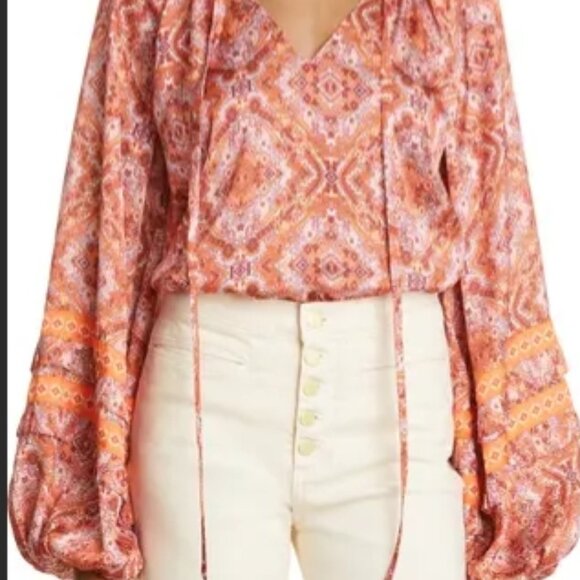 Ramy Brook Dailey Paisley Balloon-Sleeve Blouse Zinnia Orange S NWT - Picture 7 of 7